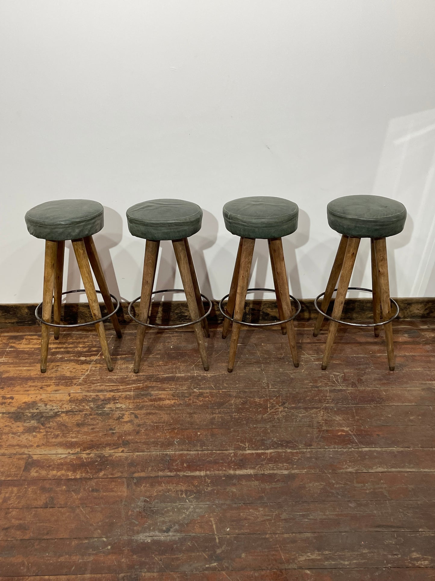 Set of 4 Real Leather Bar Stools – Green Leather & Wooden Legs