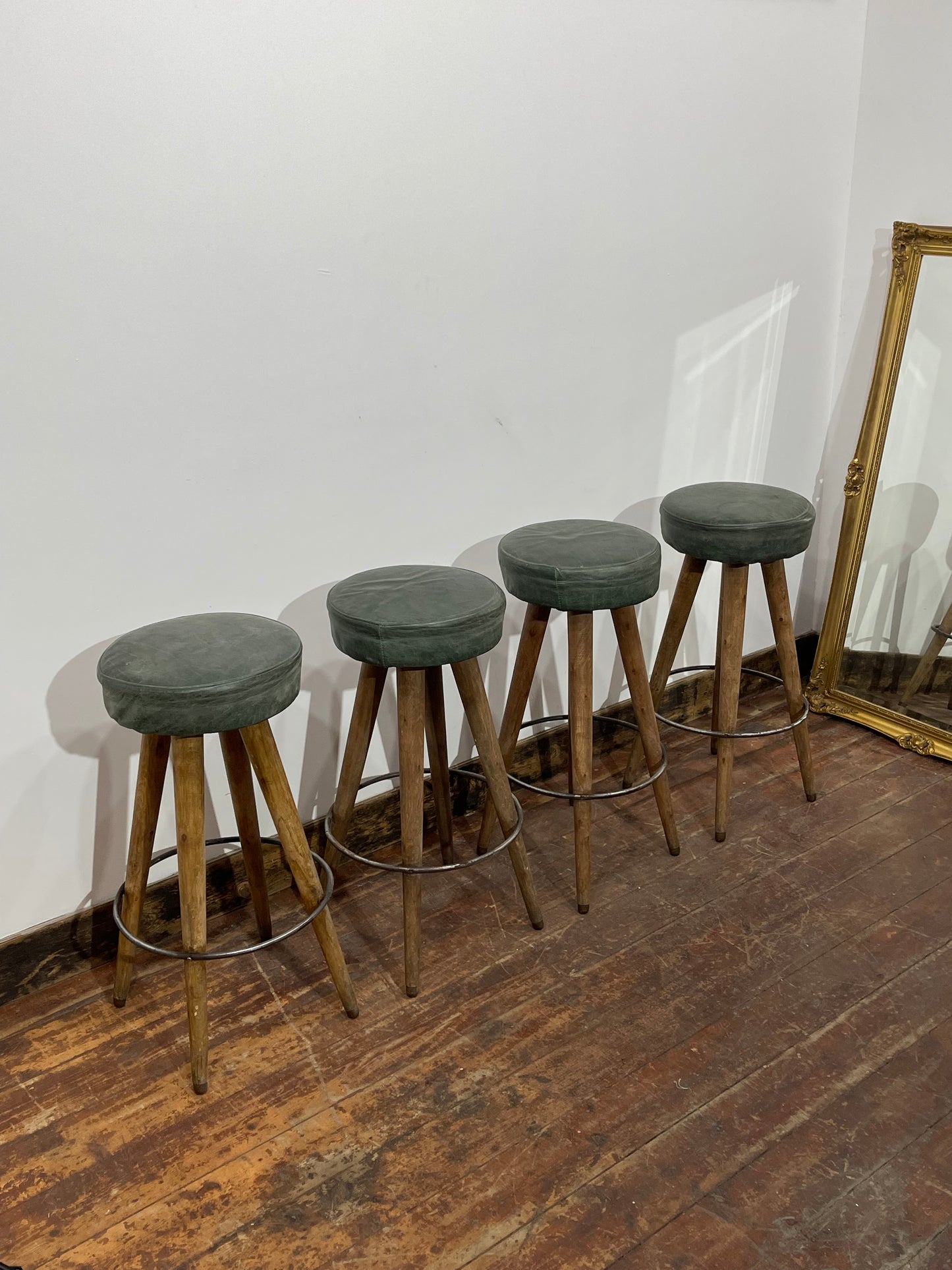Set of 4 Real Leather Bar Stools – Green Leather & Wooden Legs