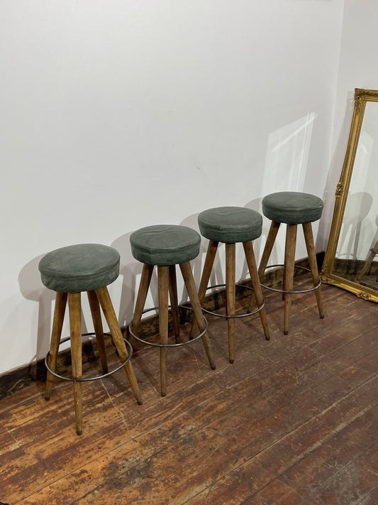 Set of 4 Real Leather Bar Stools – Green Leather & Wooden Legs