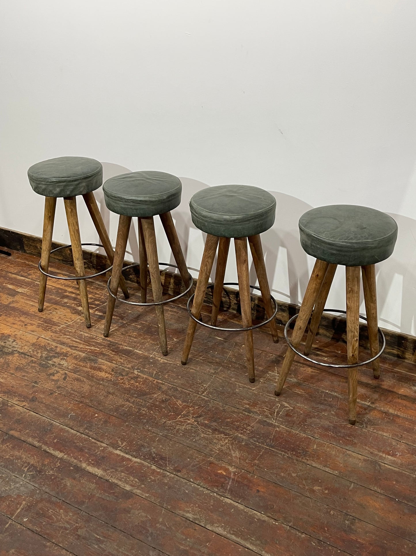 Set of 4 Real Leather Bar Stools – Green Leather & Wooden Legs