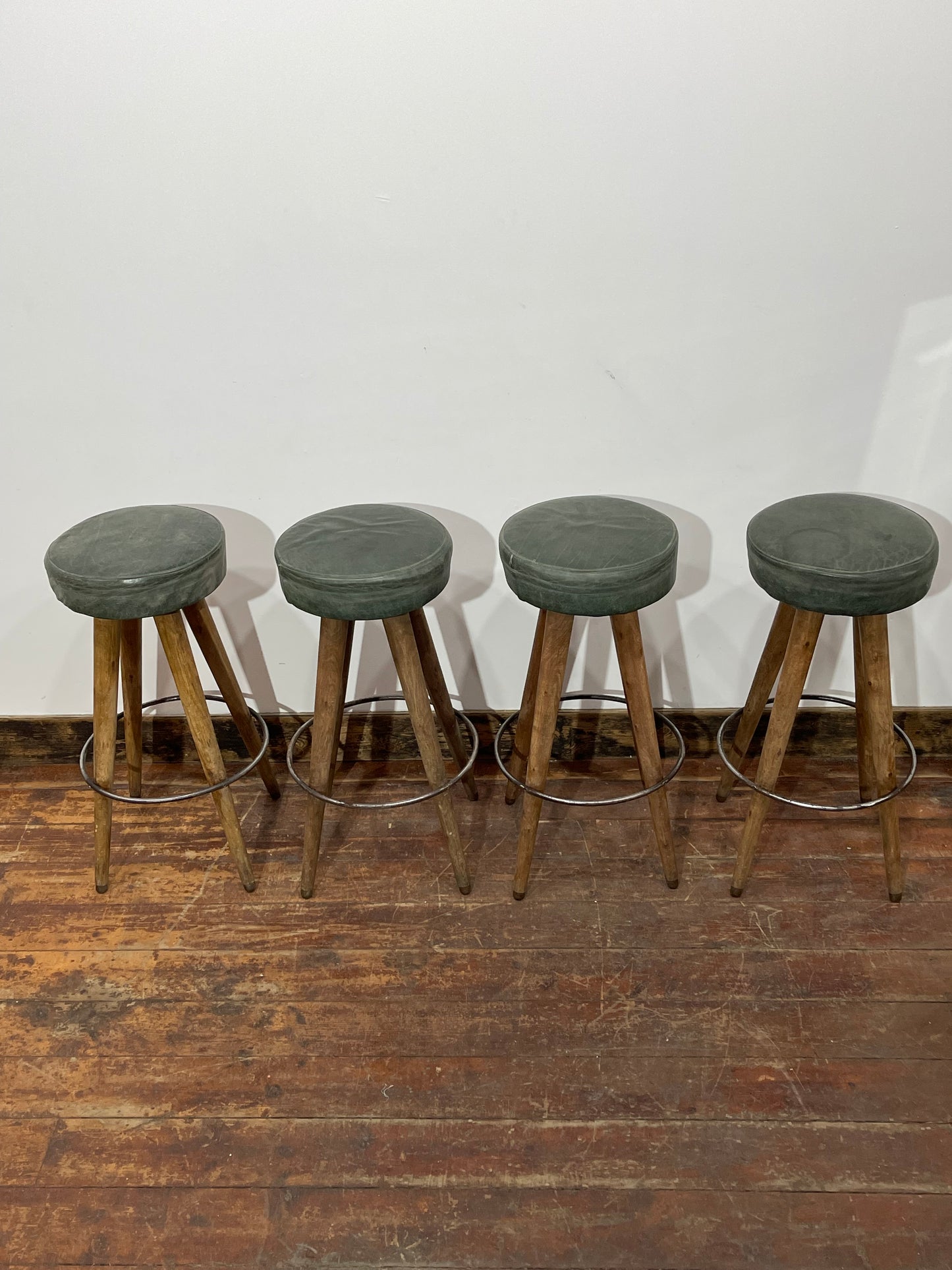 Set of 4 Real Leather Bar Stools – Green Leather & Wooden Legs
