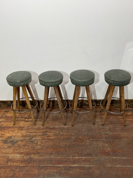 Set of 4 Real Leather Bar Stools – Green Leather & Wooden Legs