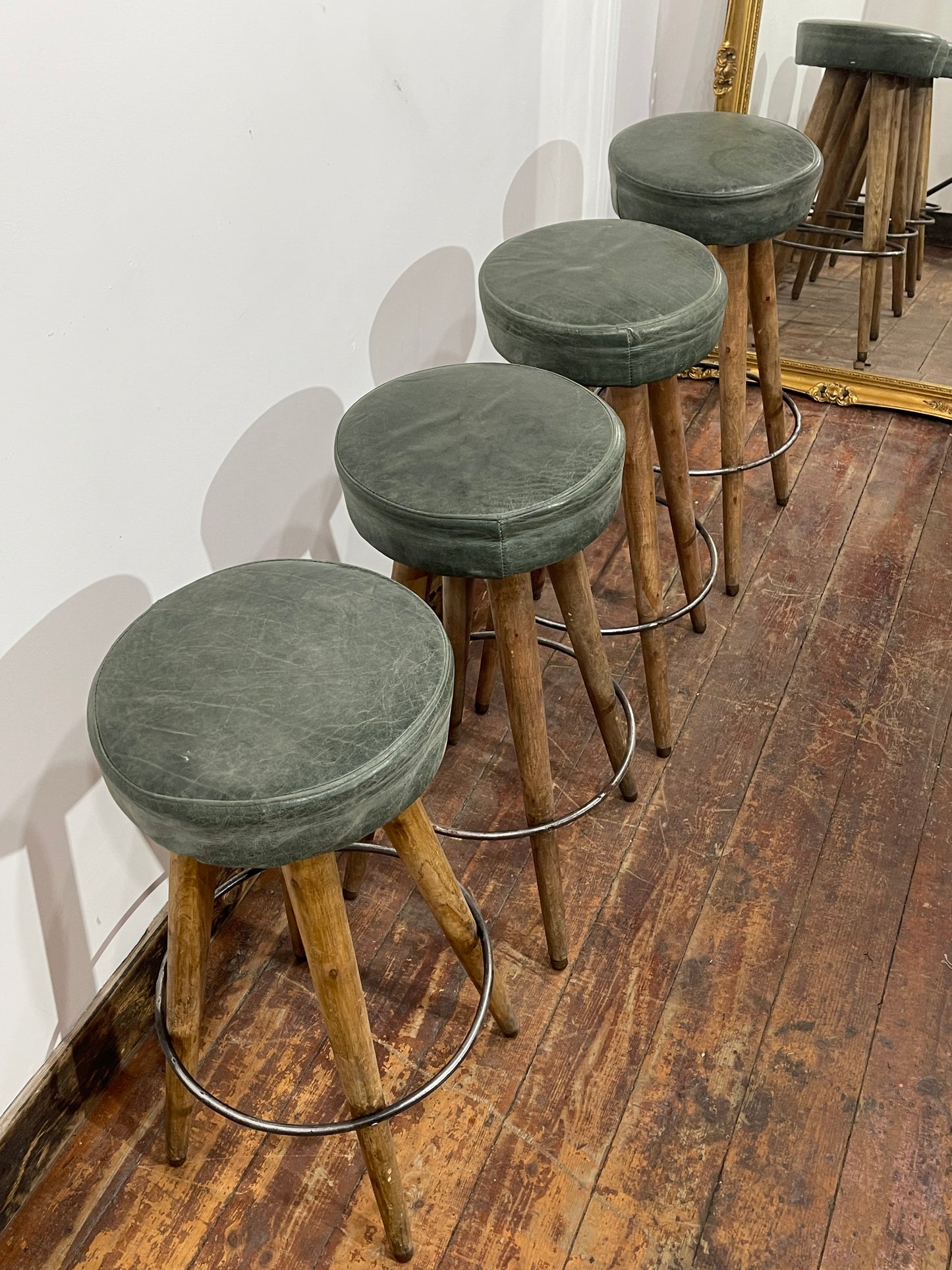 Set of 4 Real Leather Bar Stools – Green Leather & Wooden Legs