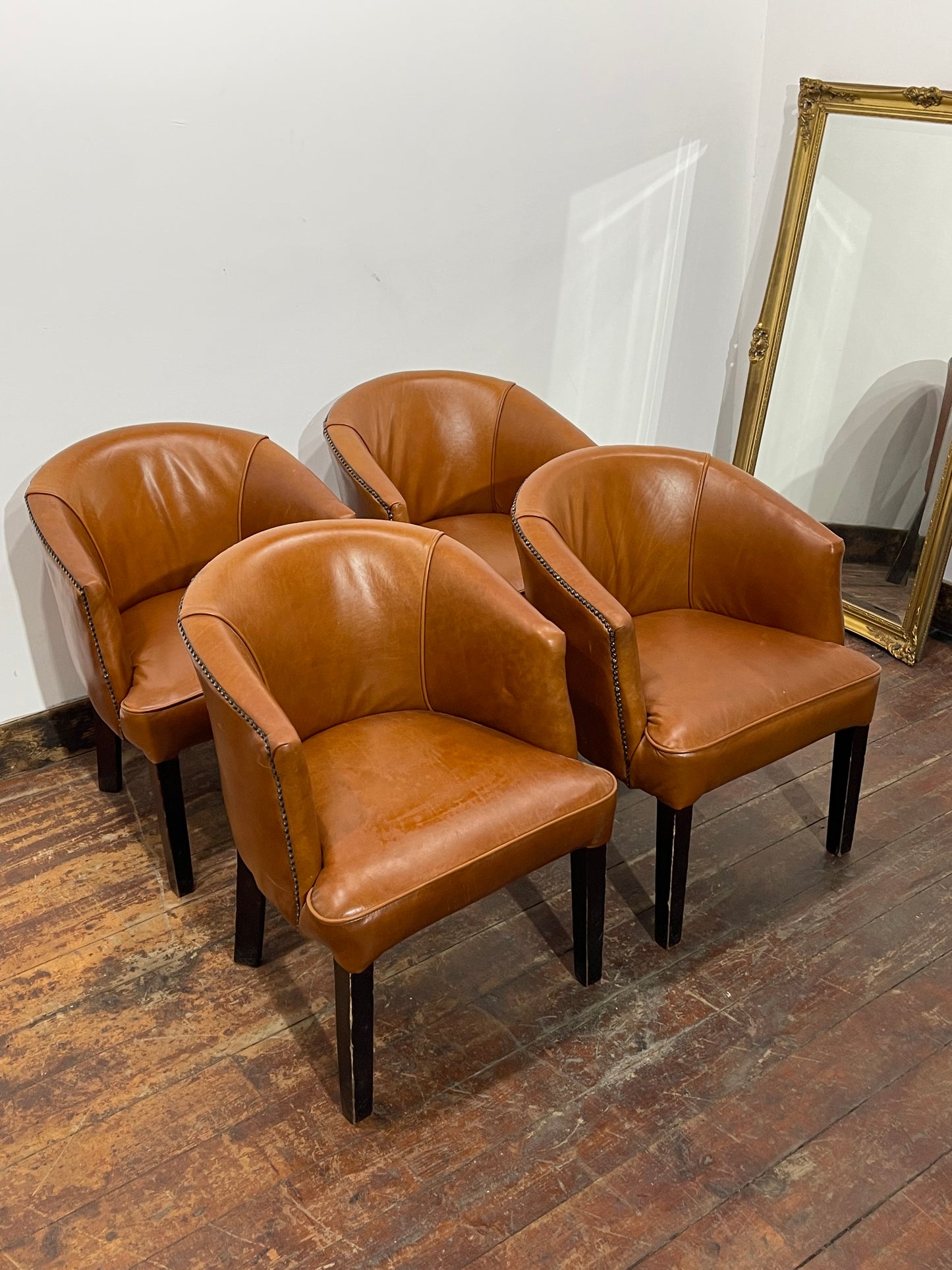 Set of 4 Tan Leather Effect Tub Chairs