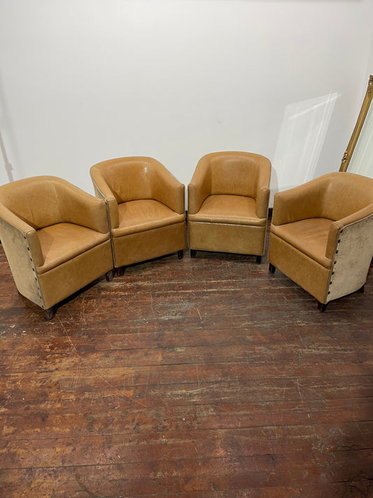 Set of 4 Tan Leather Effect Tub Chairs – Club Armchairs – Retro Style