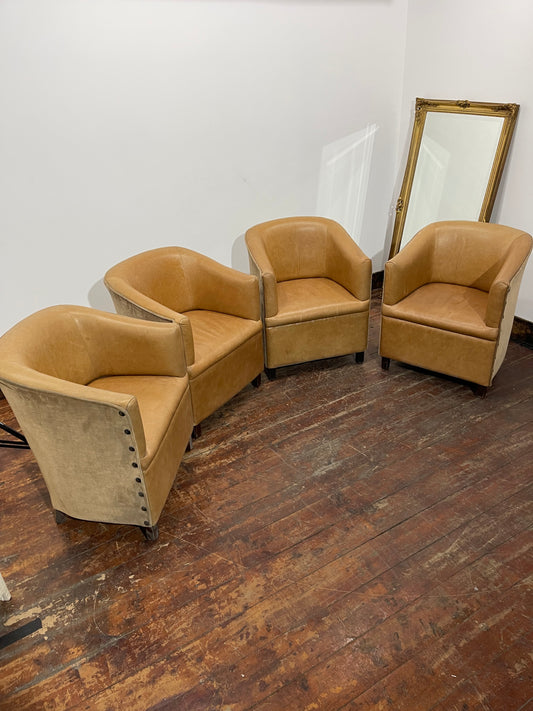 Set of 4 Tan Leather Effect Tub Chairs – Club Armchairs – Retro Style