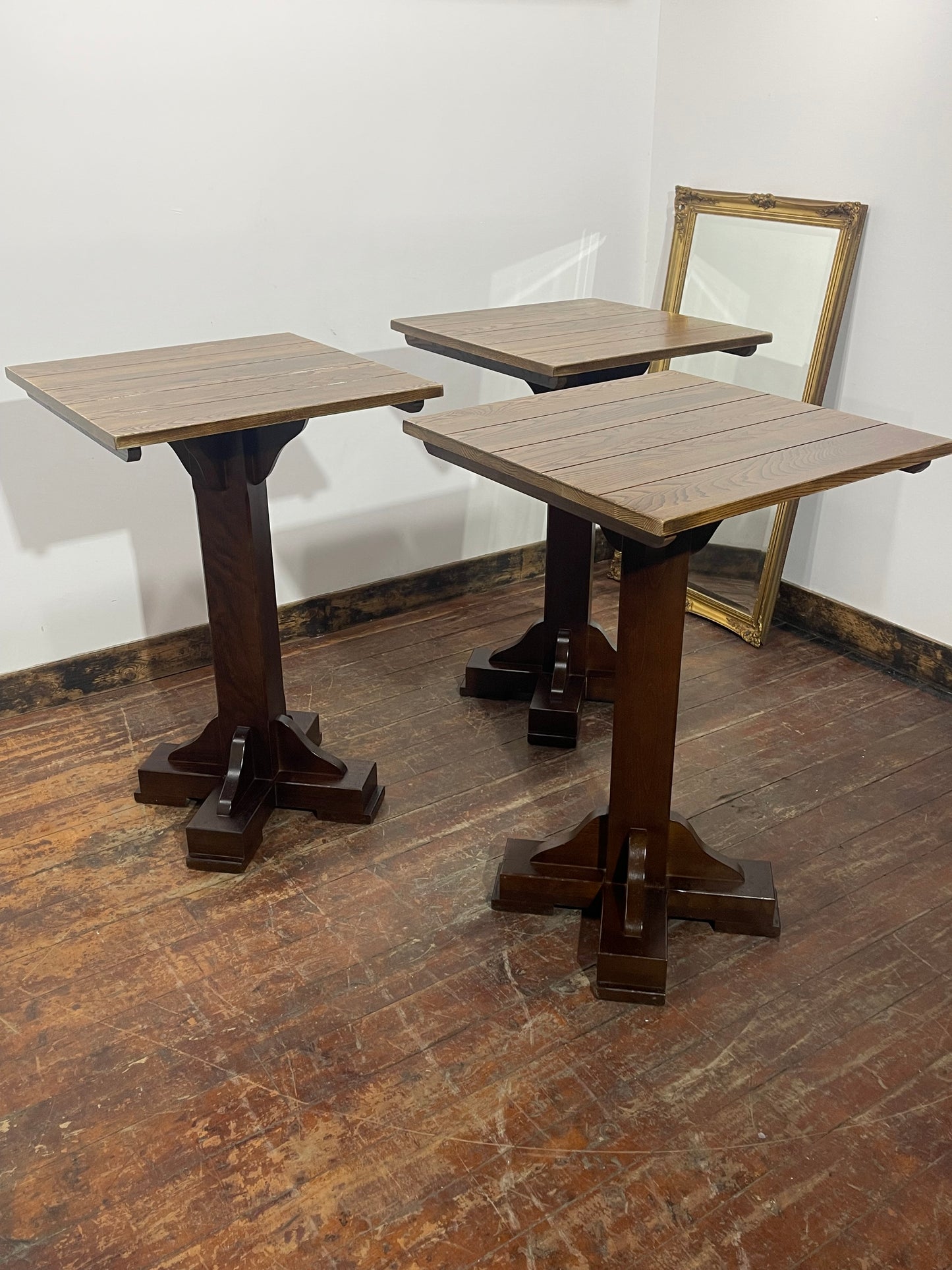Set of 3 High Wooden Poseur Tables Pub Bar Restaurant Dark Wood Bases