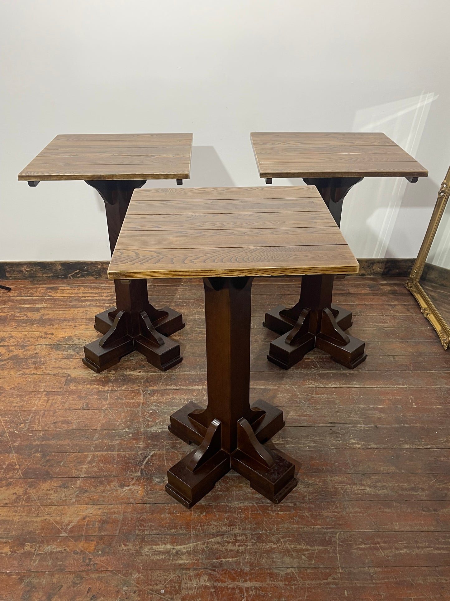 Set of 3 High Wooden Poseur Tables Pub Bar Restaurant Dark Wood Bases