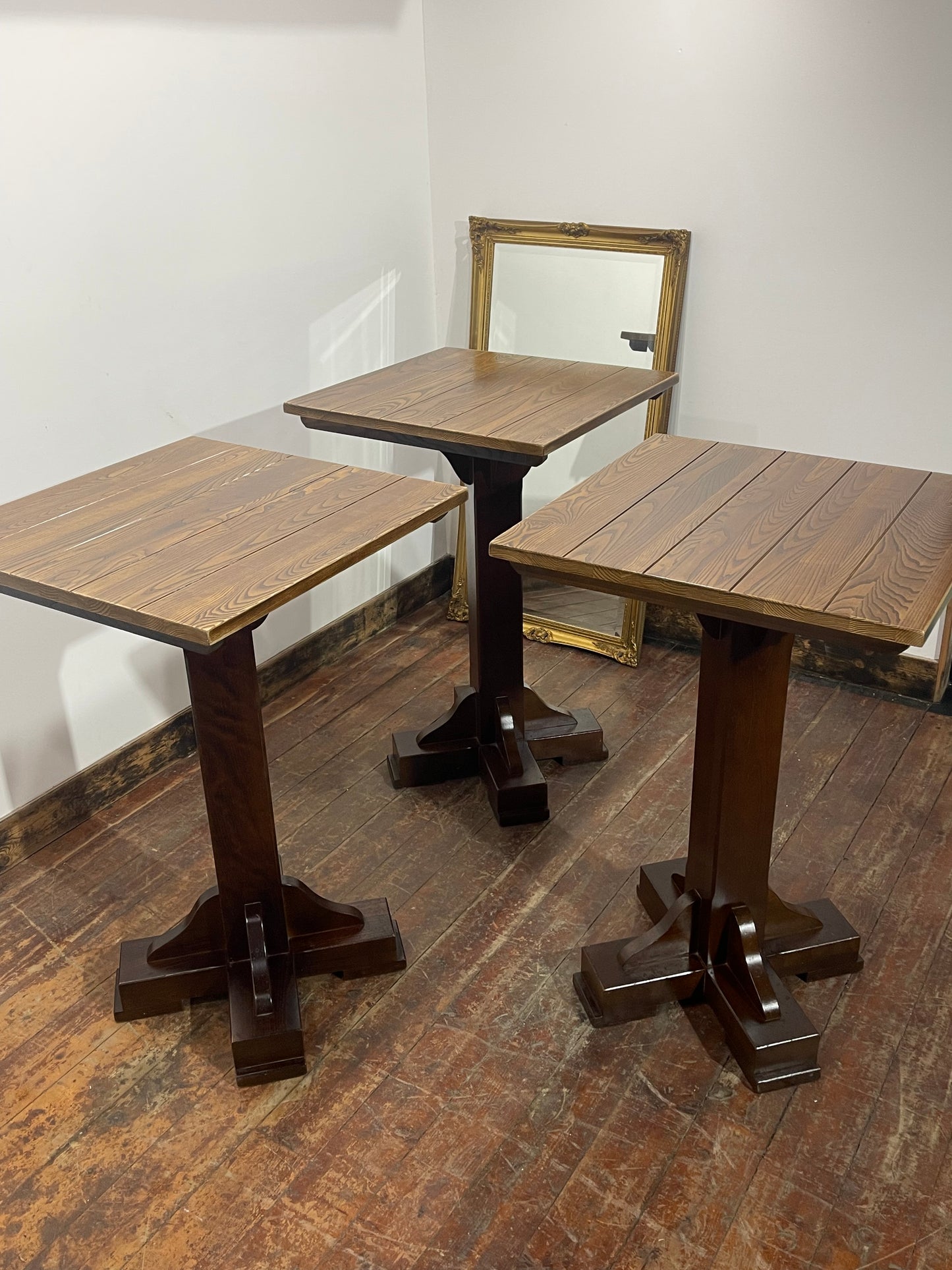 Set of 3 High Wooden Poseur Tables Pub Bar Restaurant Dark Wood Bases