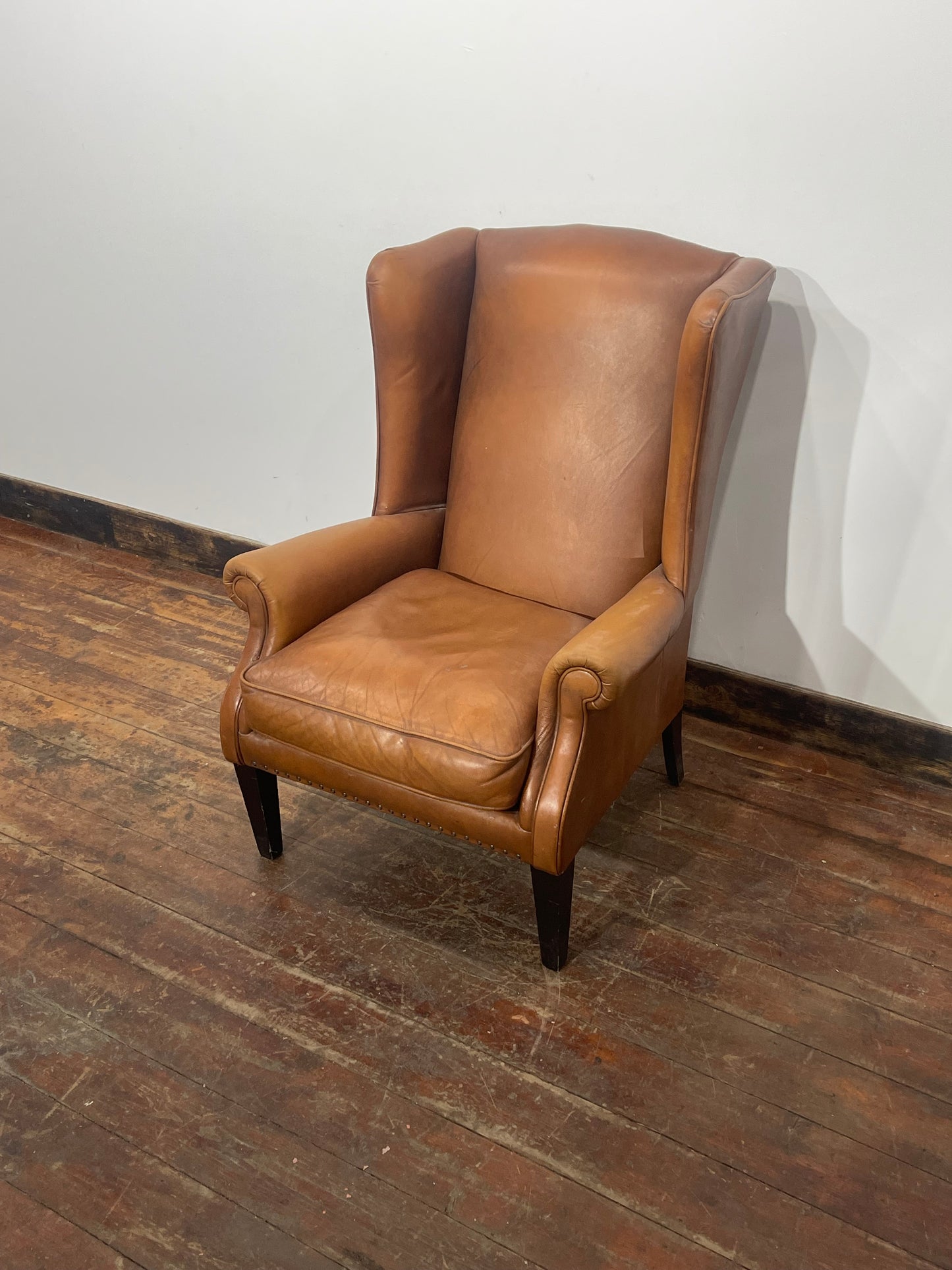 Genuine Leather Wingback Armchair – Tan Brown Traditional Fireside Chair
