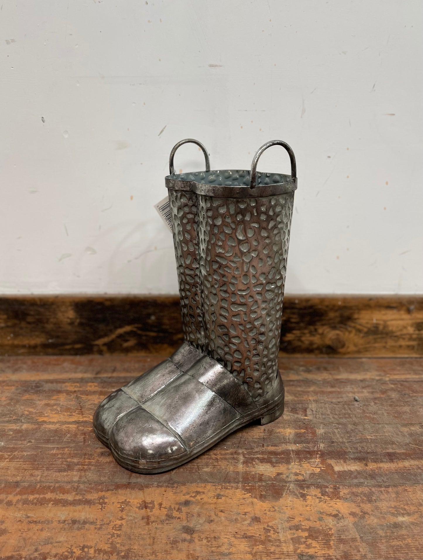 Silver metal wellington boot umbrella stand