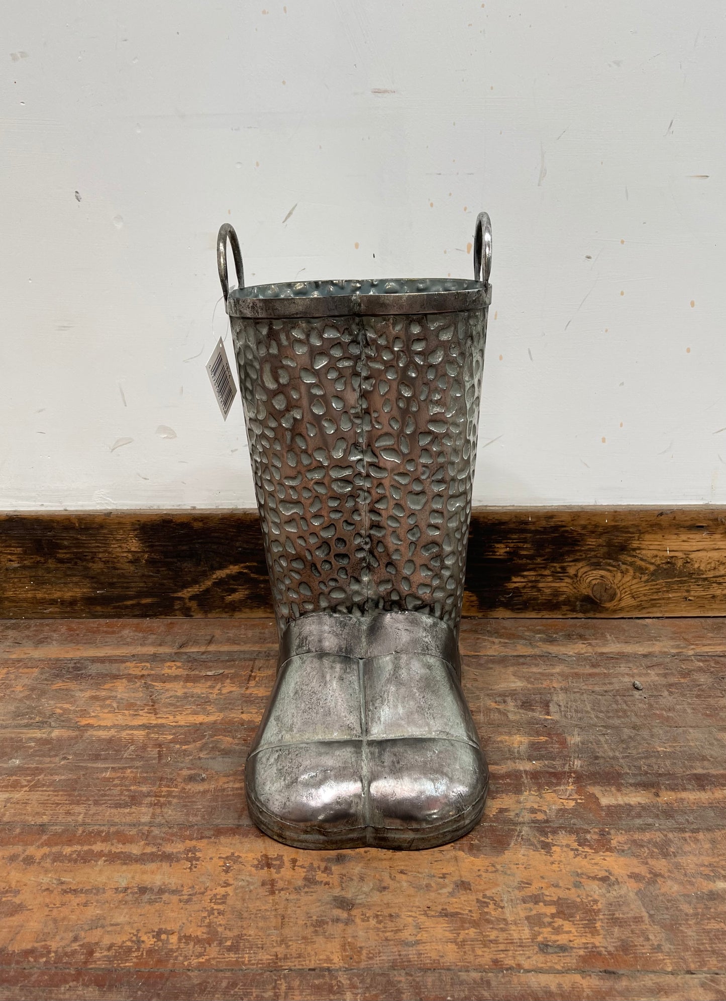 Silver metal wellington boot umbrella stand