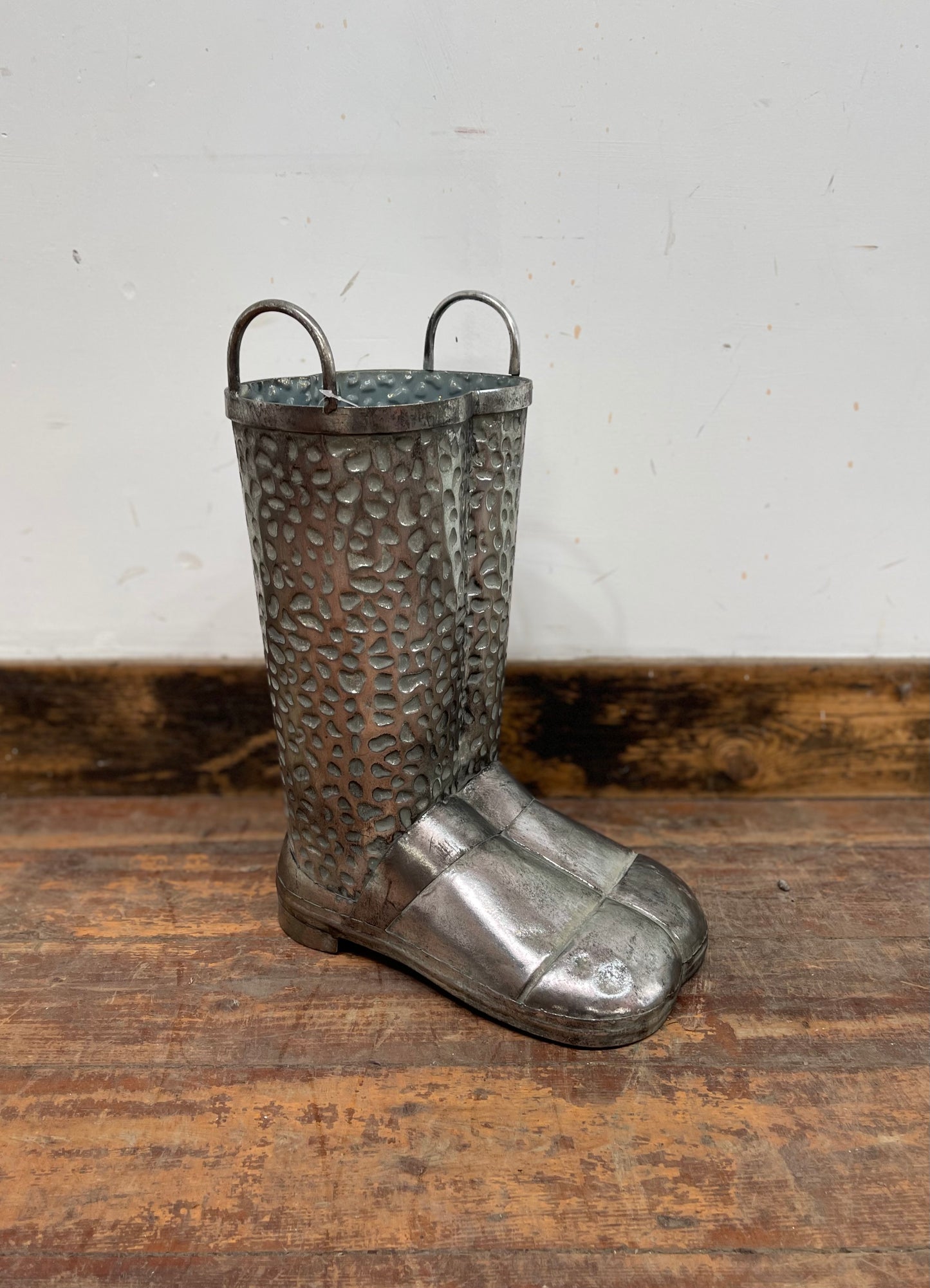 Silver metal wellington boot umbrella stand