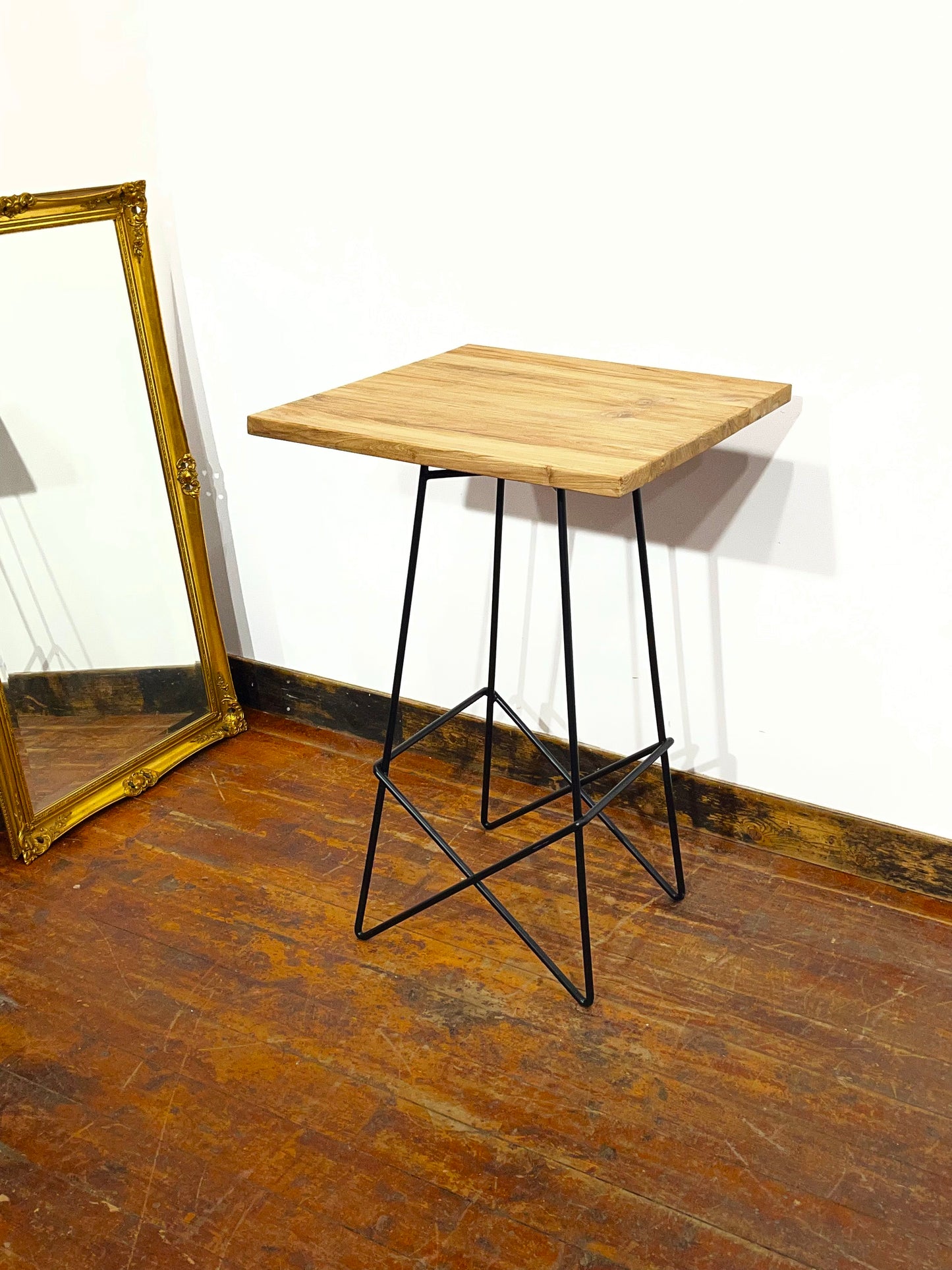 Solid Wood High Poseur Table Bar Height Café Pub Restaurant Black Metal Base