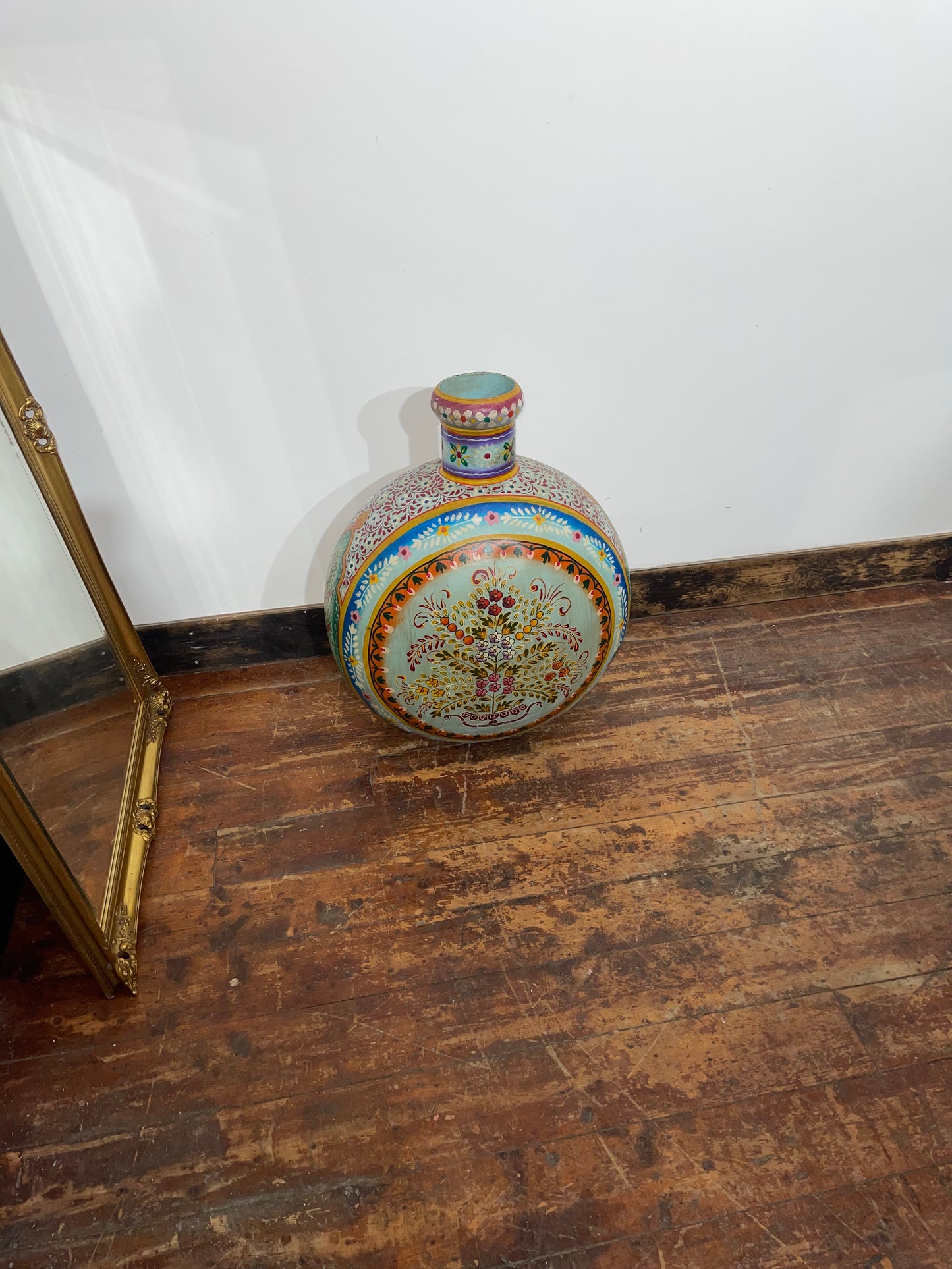 Hand-Painted Indian Rajasthani Decorative Bottle Vase Floral Folk Art Ornament