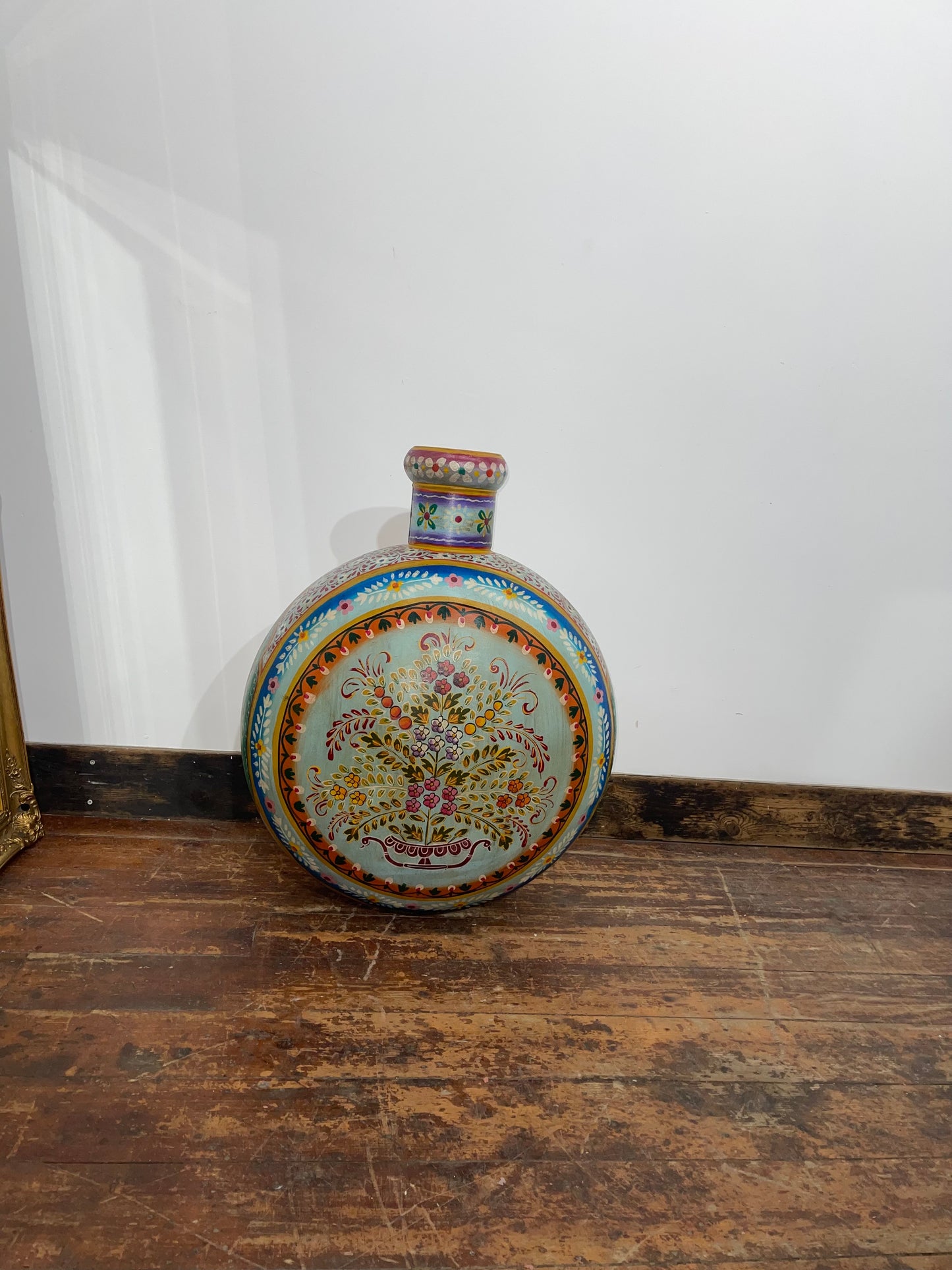 Hand-Painted Indian Rajasthani Decorative Bottle Vase Floral Folk Art Ornament
