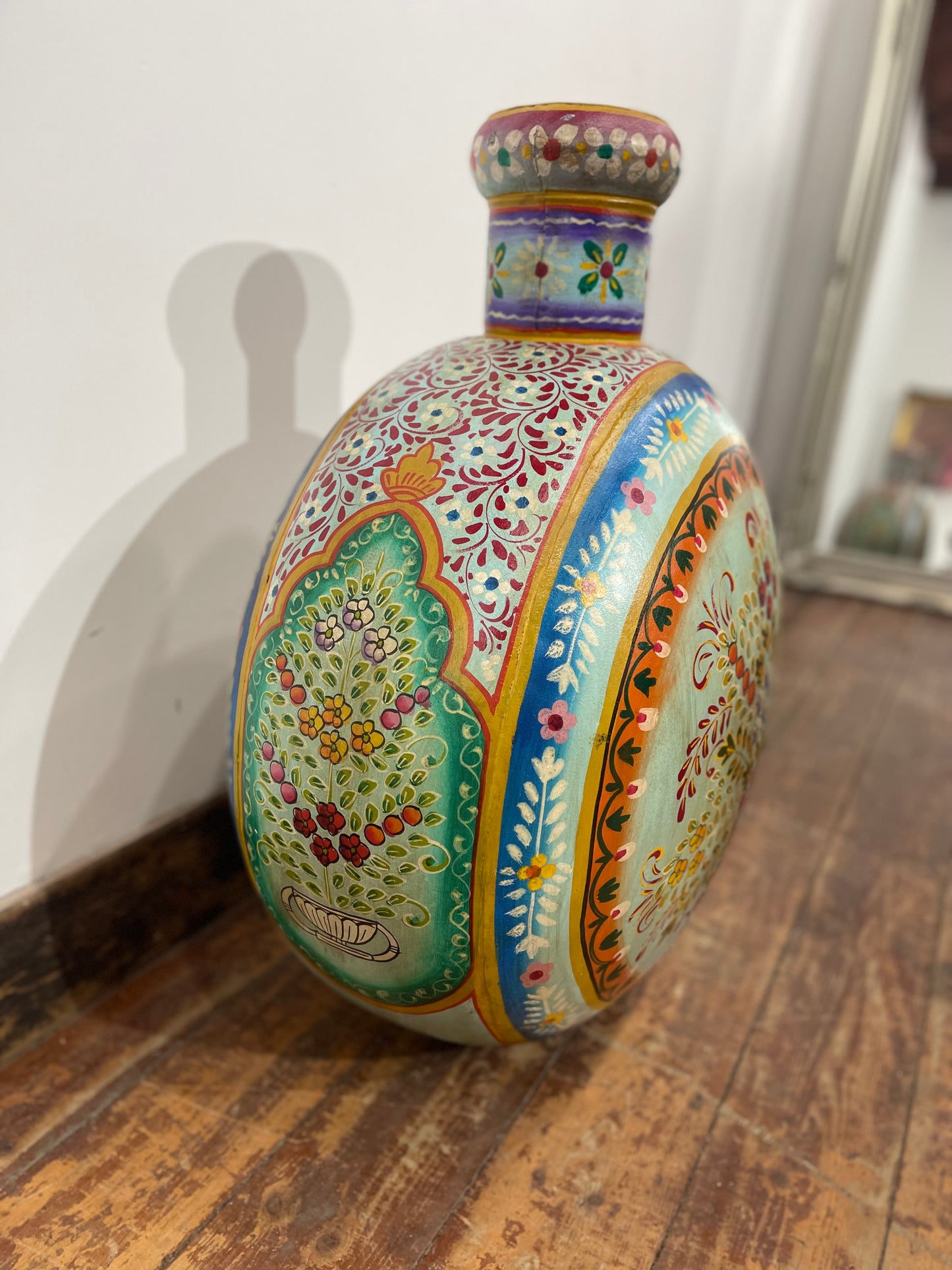 Hand-Painted Indian Rajasthani Decorative Bottle Vase Floral Folk Art Ornament