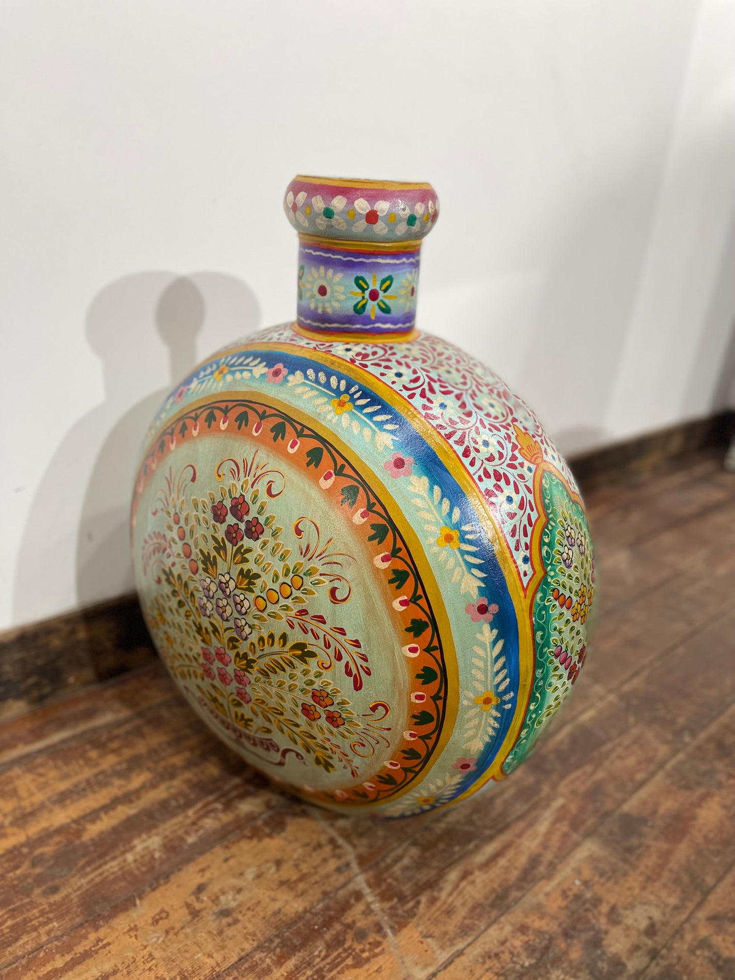 Hand-Painted Indian Rajasthani Decorative Bottle Vase Floral Folk Art Ornament