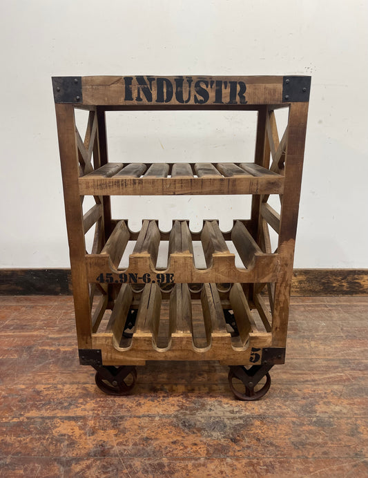 Industrial style wine rack on wheels
