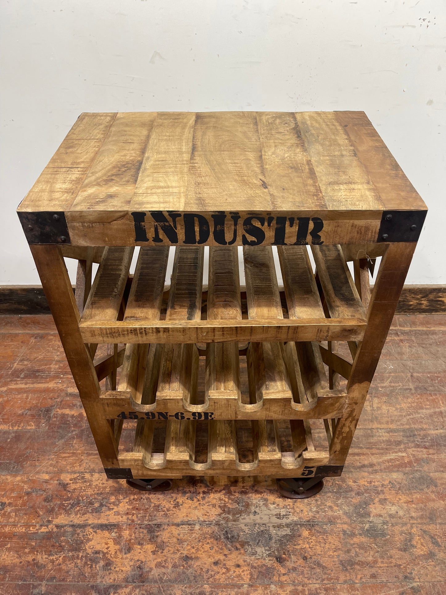 Industrial style wine rack on wheels
