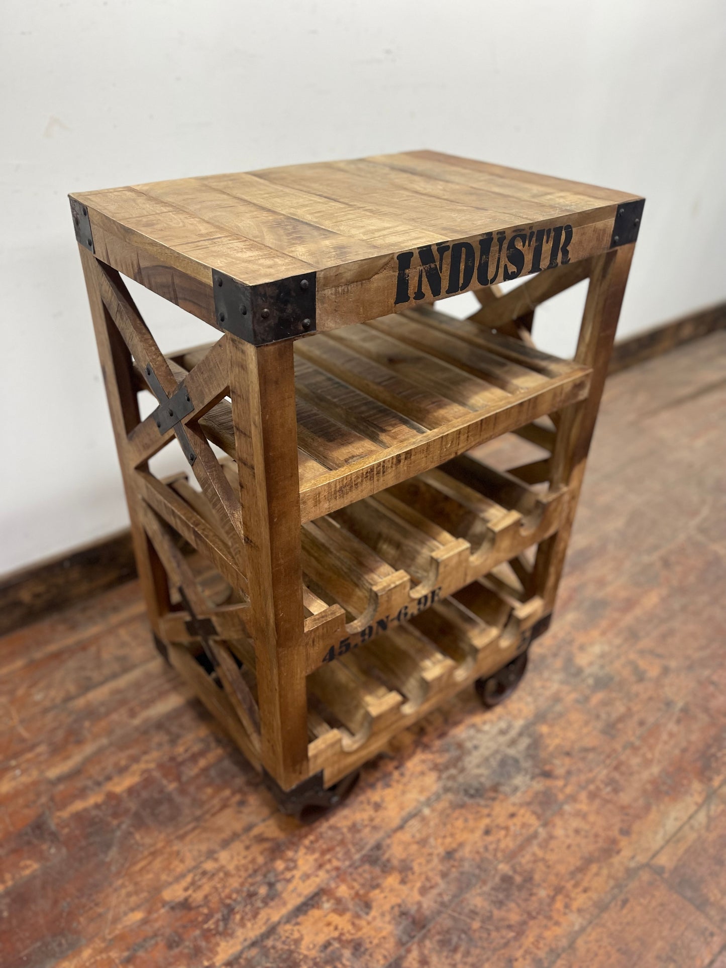 Industrial style wine rack on wheels