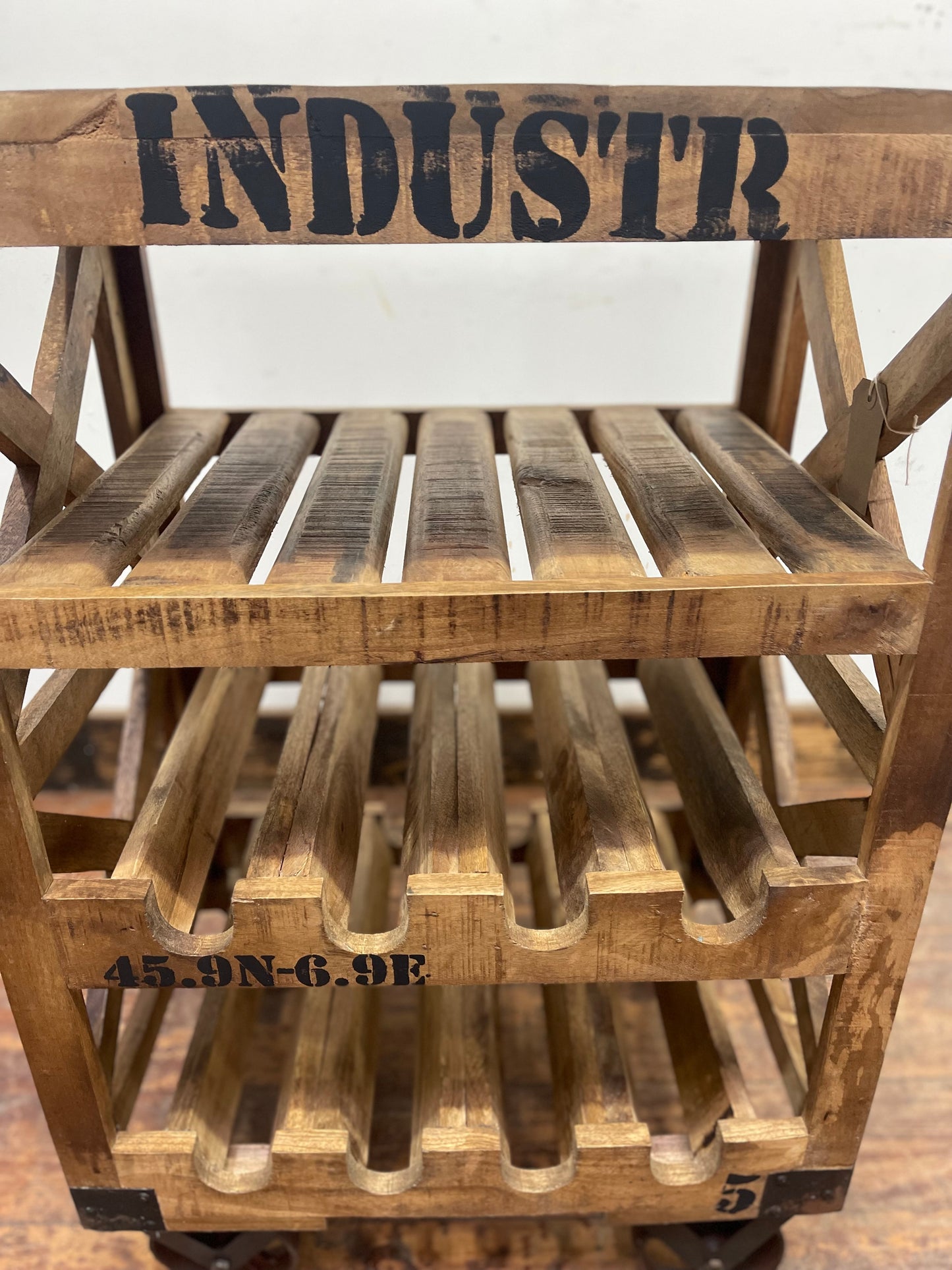 Industrial style wine rack on wheels