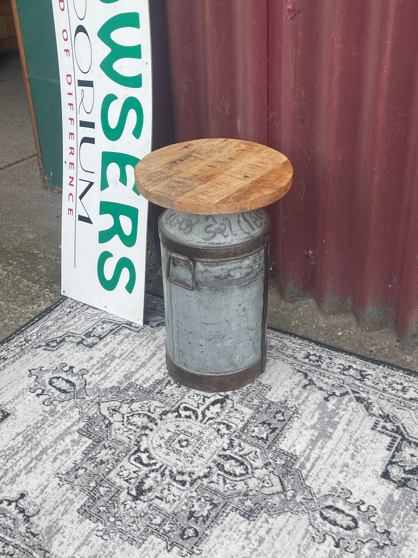 Industrial Upcycled Metal Drum Side Table Reclaimed Wood Top Rustic Bar Stool