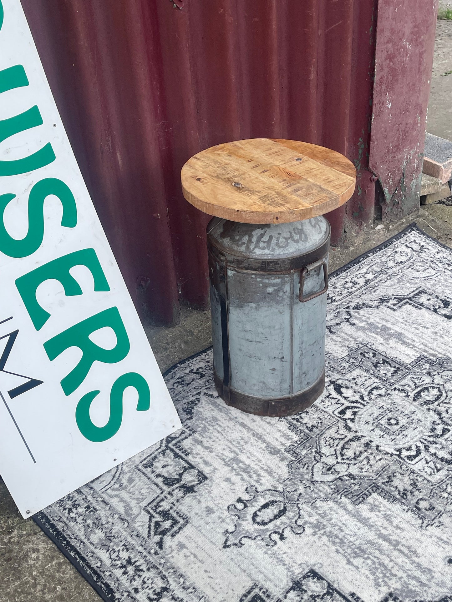 Industrial Upcycled Metal Drum Side Table Reclaimed Wood Top Rustic Bar Stool
