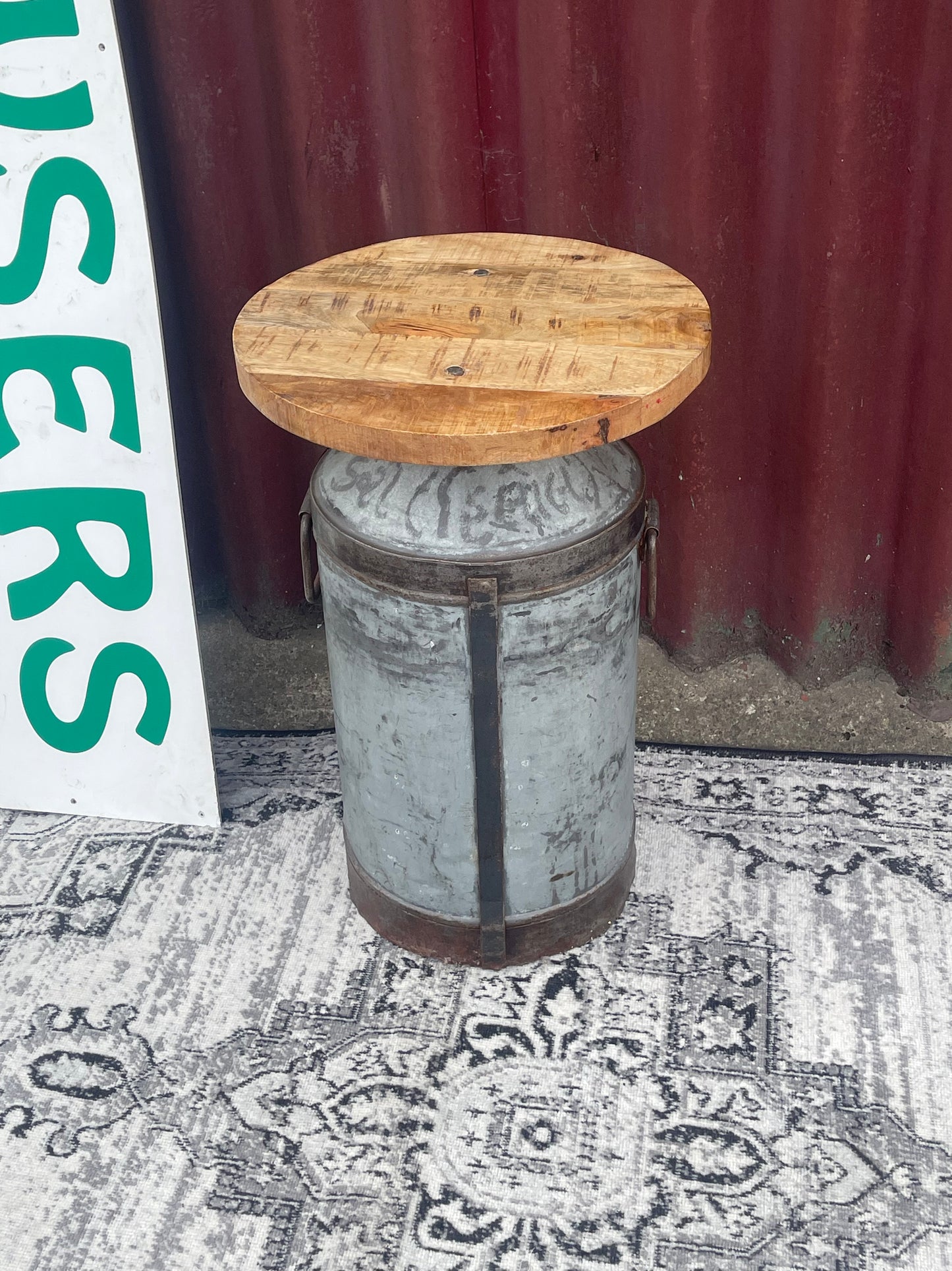 Industrial Upcycled Metal Drum Side Table Reclaimed Wood Top Rustic Bar Stool