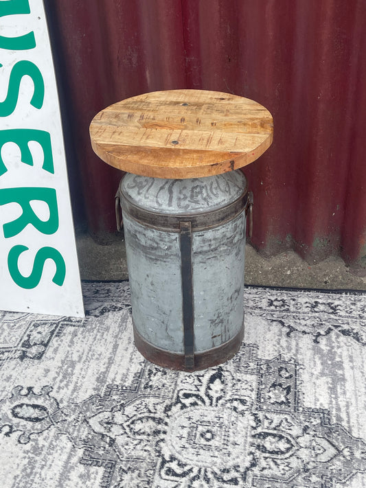 Industrial Upcycled Metal Drum Side Table Reclaimed Wood Top Rustic Bar Stool