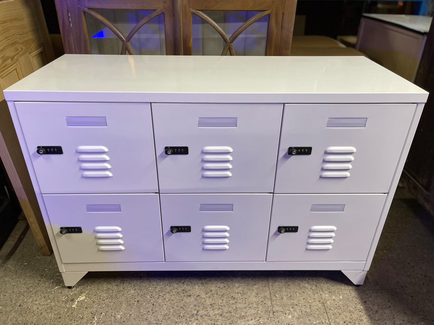 White metal cabinet with 6 individual lockers