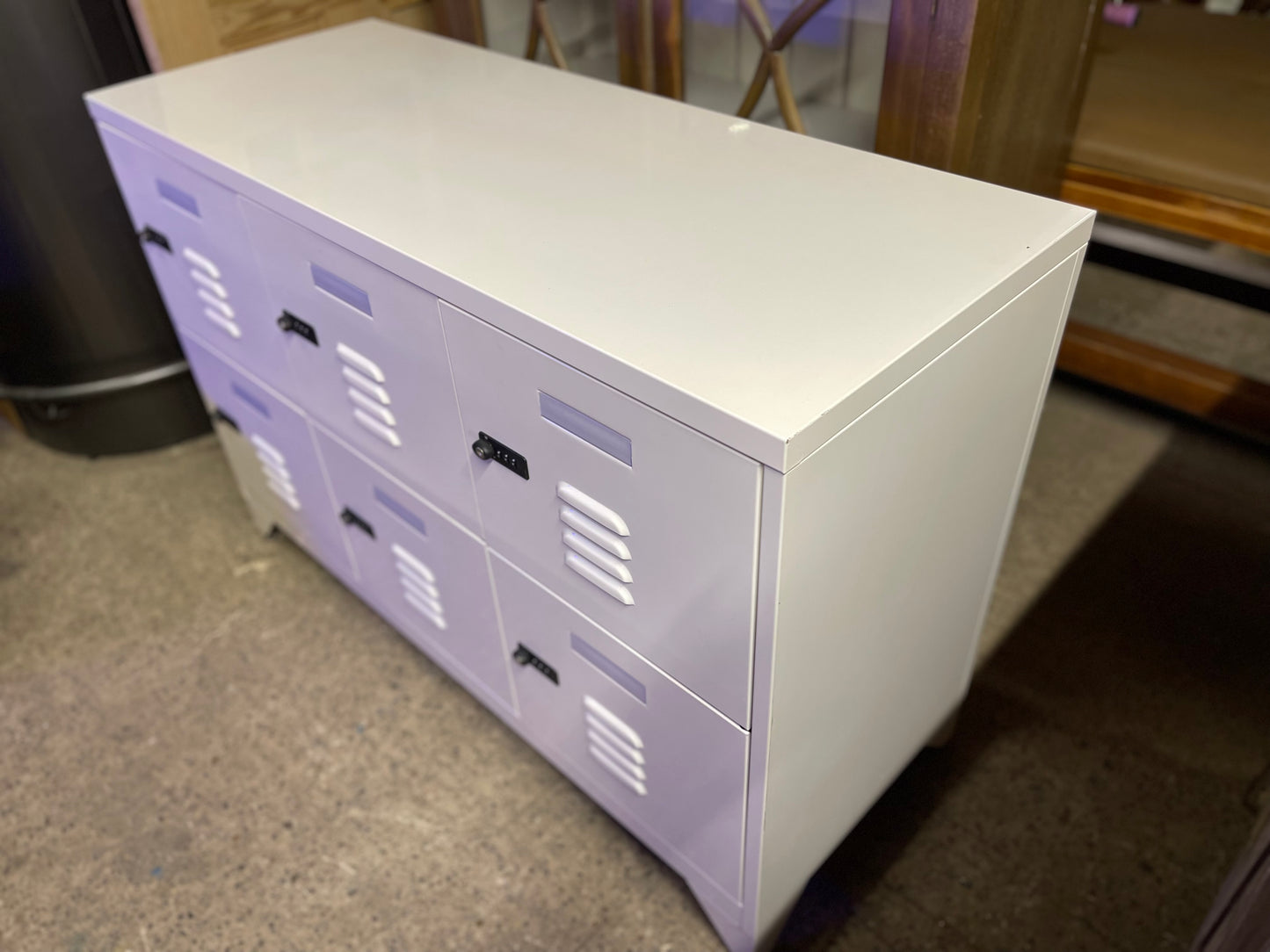 White metal cabinet with 6 individual lockers