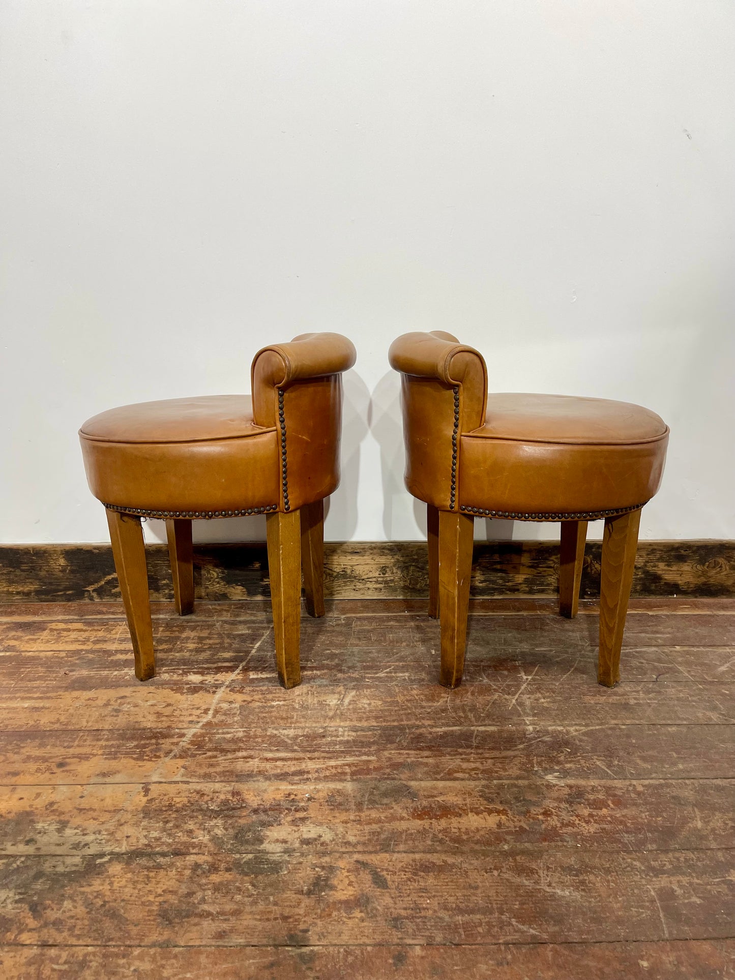 Pair of Tan Low Back Club Stools – Button Detail – Retro Style