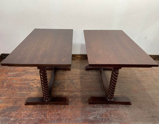 Pair of rectangular wooden pub tables with decorative legs