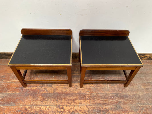 Pair of antique 1940s black leather and gold side tables