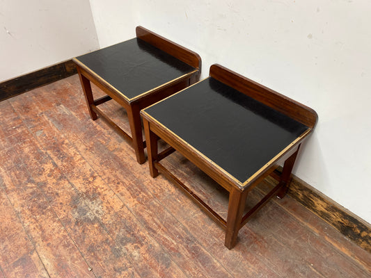 Pair of antique 1940s black leather and gold side tables