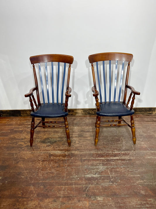 Pair of Traditional Windsor Style Armchairs Blue Leather Effect Seat Wooden Chairs