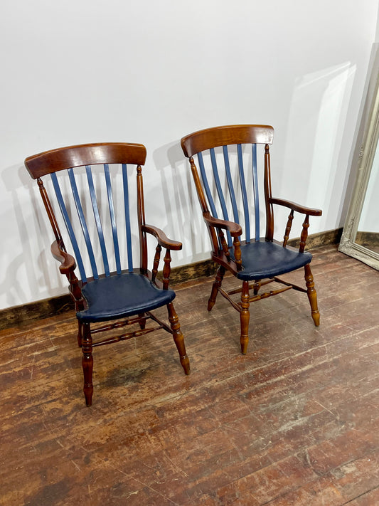 Pair of Traditional Windsor Style Armchairs Blue Leather Effect Seat Wooden Chairs