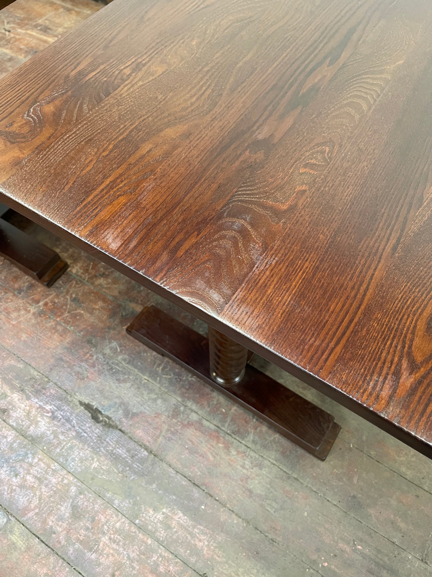 Pair of rectangular wooden pub tables with decorative legs