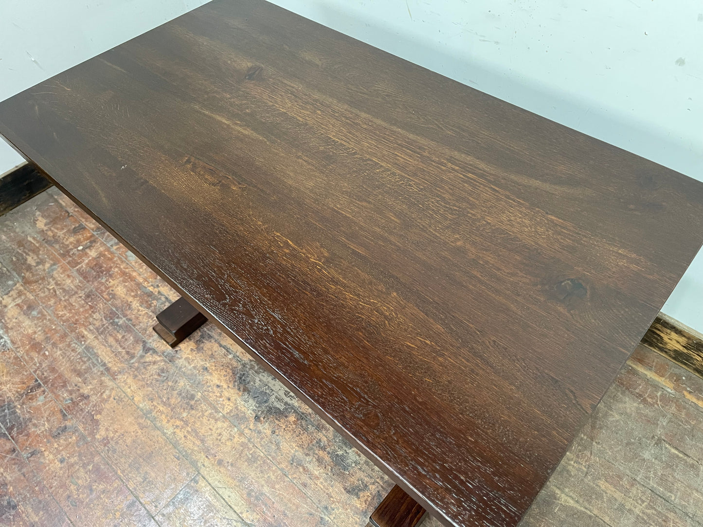 Pair of rectangular wooden pub tables with decorative legs