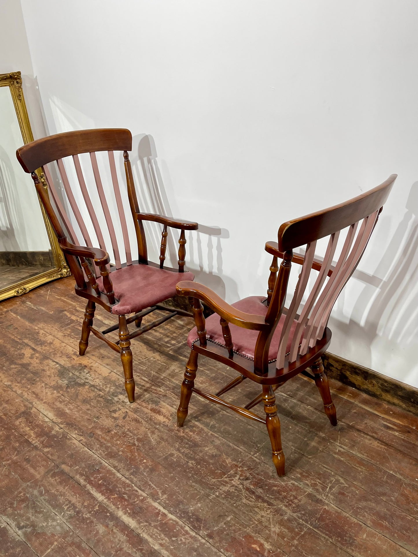 Pair of Traditional Windsor Style Armchairs Pink Leather Effect Seat Wooden Chairs