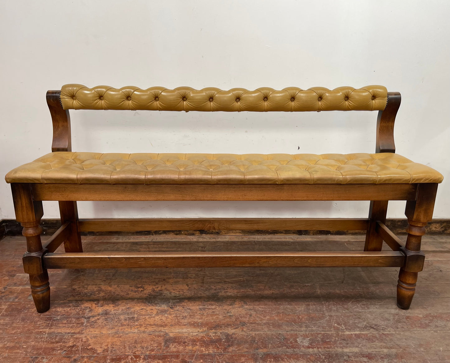 Set of 2 x long tan leather benches and tall pub table