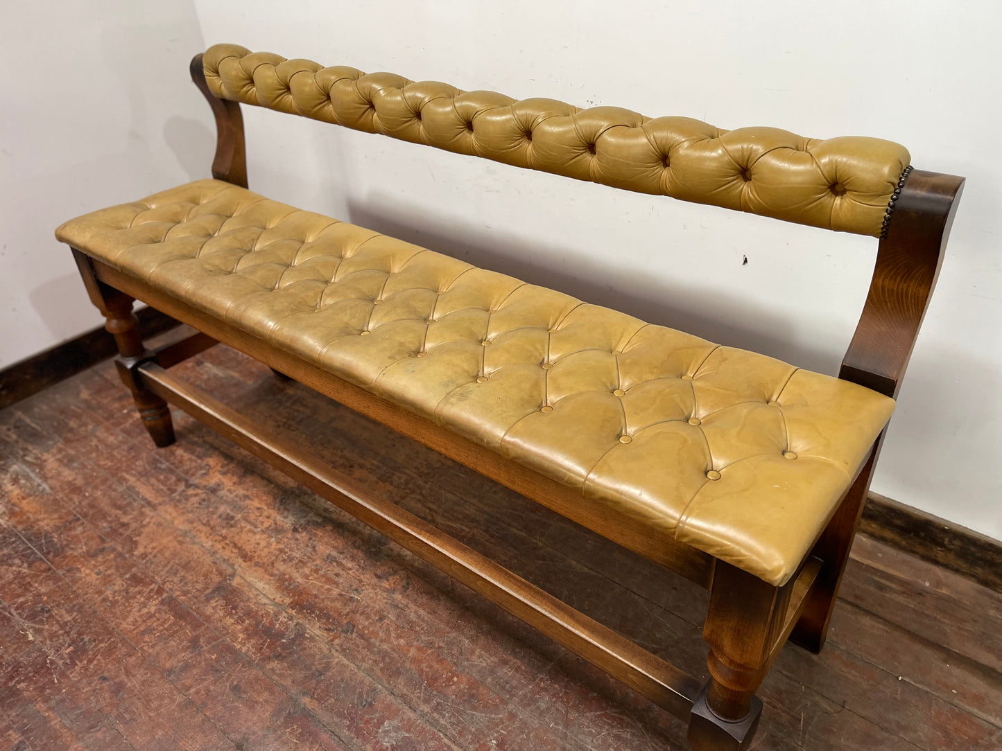 Set of 2 x long tan leather benches and tall pub table