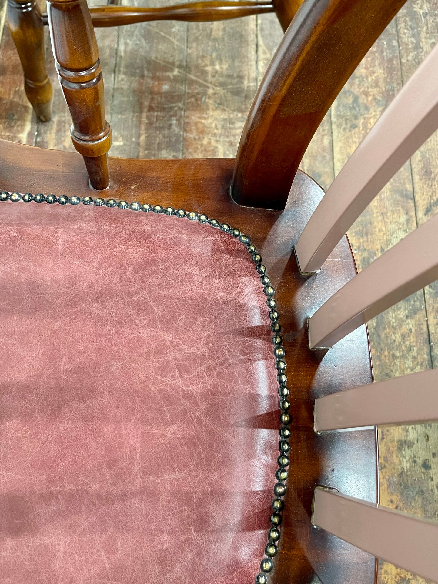 Pair of Traditional Windsor Style Armchairs Pink Leather Effect Seat Wooden Chairs