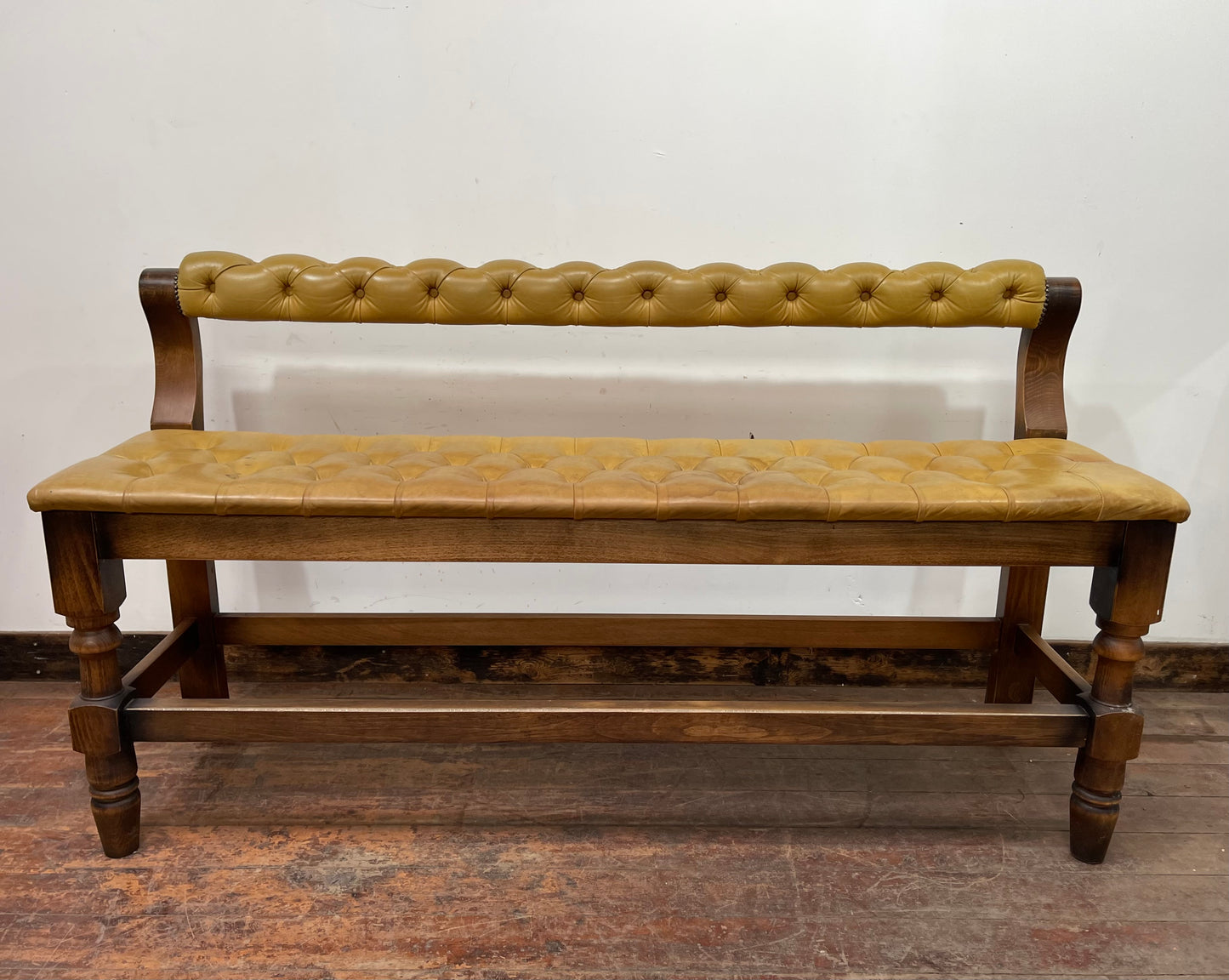 Set of 2 x long tan leather benches and tall pub table