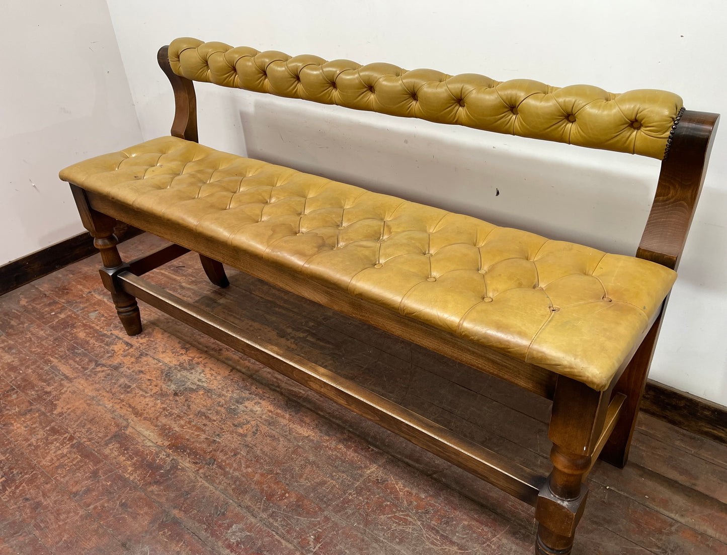 Set of 2 x long tan leather benches and tall pub table