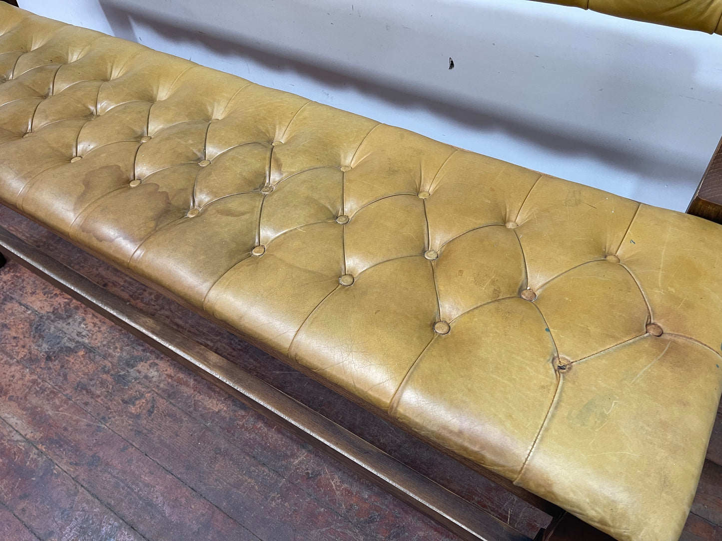 Set of 2 x long tan leather benches and tall pub table