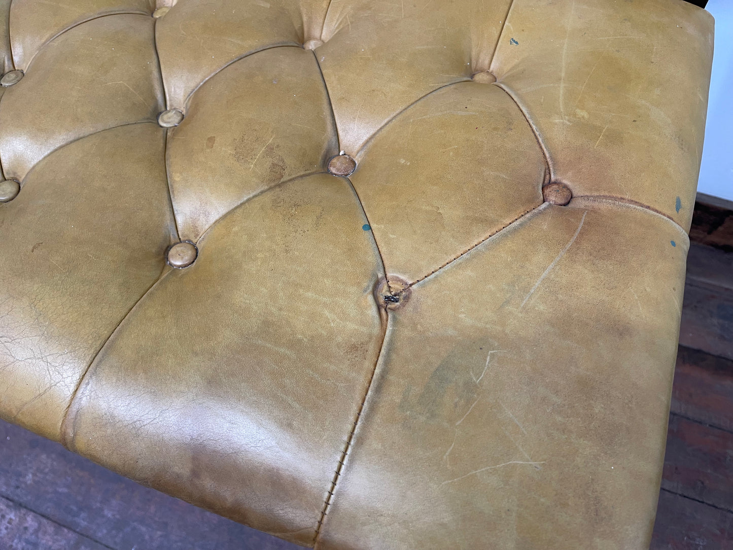 Set of 2 x long tan leather benches and tall pub table