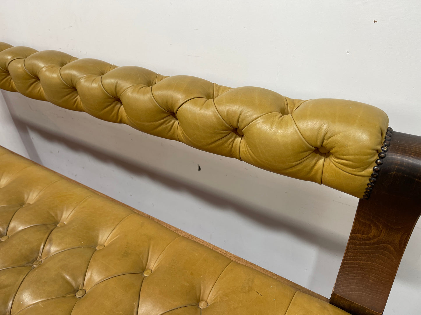 Set of 2 x long tan leather benches and tall pub table