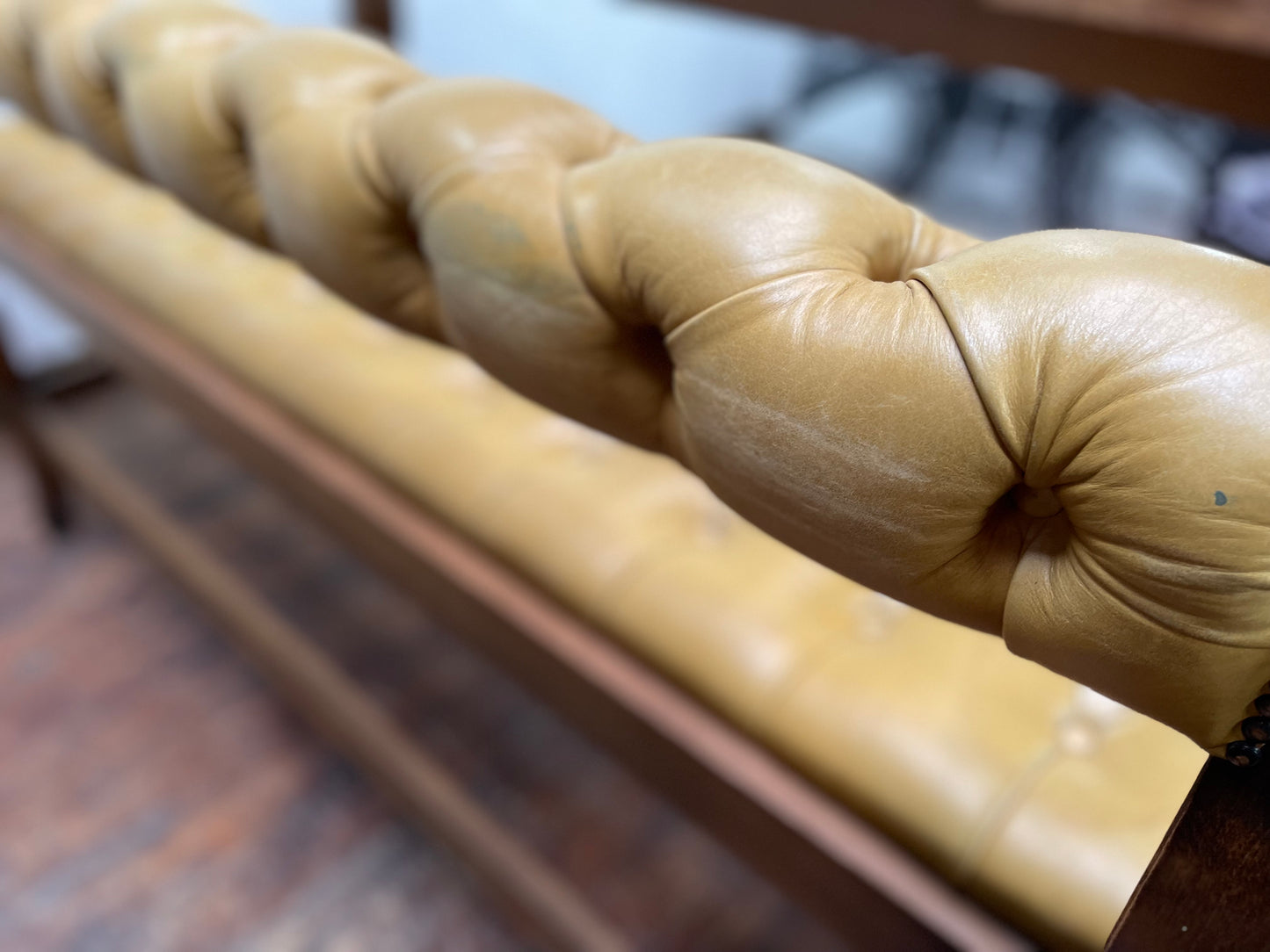 Set of 2 x long tan leather benches and tall pub table